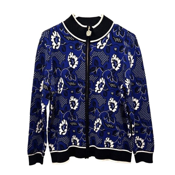 Anne Klein Black Blue White Floral Zip Up Cardigan Varsity Black Trim NWT, Sz M - Picture 1 of 3